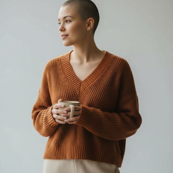 Backyard Roses Sweaters - Rust Brown Ribbed V-Neck Knit Sweater Long Sleeve Pullover Size XS, S, M, XL